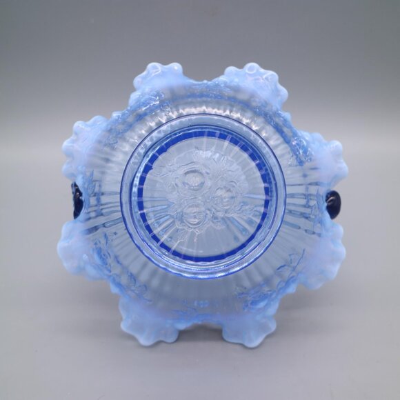 Fenton Glass Bride Basket Raffled Lavender Blue Opalescent Cabbage Rose Vintage - Picture 7 of 8